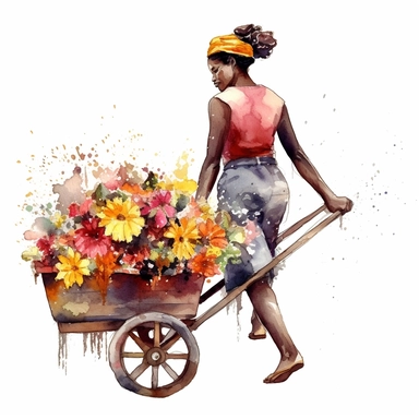 watercolor black woman pushing a wheel barrel full of flowers clipart