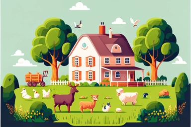 farm house cartoon, farm house with animals, farm house clipart , clipart, hand drawn, farm style, agriculture, green grass farm house, green grass area, farmhouse with agriculture, farm animals , light colors