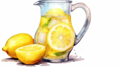 watercolor lemonade pitcher clipart, hd, high detailed, spaced out realistic photography, Higher coherence, Improved sharpness, accuracy, perfect look, perfect lighting, center of frame, ultra HD, 8k, Full body, OC renderer, sweet,sweet, dynamic background,(no unwanted borders or text artifacts)