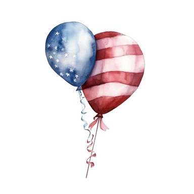 american flag party balloon clipart, white background, red white and blue colour tones, watercolour style