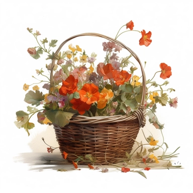 a simple gorgeous basket arrangement with wildflowers and flowers, and green foliage on white background clipart, Earthy tones of orange, brown, and deep red color theme, watercolor painting realistic, high quality, vibrant, Vicente Romero Redondo, Willem van Aelst, Elsa Beskow