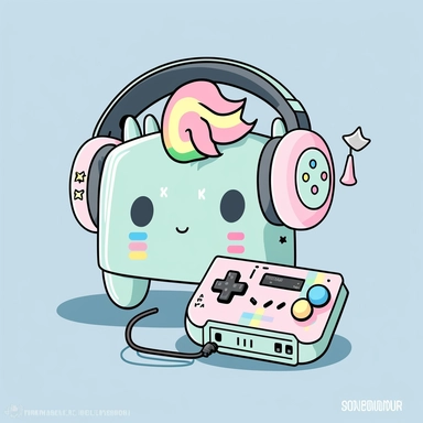 a clipart of kawaii unicorn Gaming with a cute controller and headset, light pastel blue yellow pink and green, in the style of yoshitomo nara