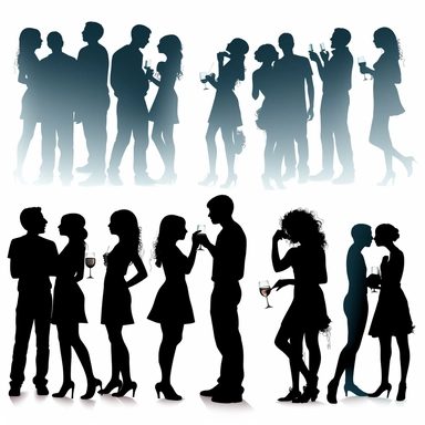 dancing black silhouettes of young boys and girls party with drinks kissing couples and alone standing figures of girls students separated graphic on white background party vector clipart style