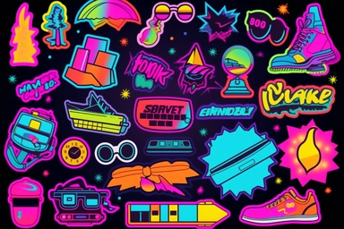 Retro 80s 90s clipart set. Neon colors y2k fashion patch, badge, emblem, stickers.