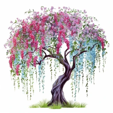 a beautiful Weeping Willow ,Teal Pink Purple Red Neon Green wildflowers surrounded by floral elements and splashes of watercolor in the background clipart ON A WHITE BACKGROUND