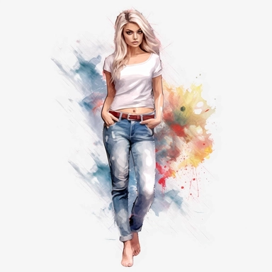 glamour model posing, blonde hair ripped jeans, full length, watercolour style 8k clipart png transparent