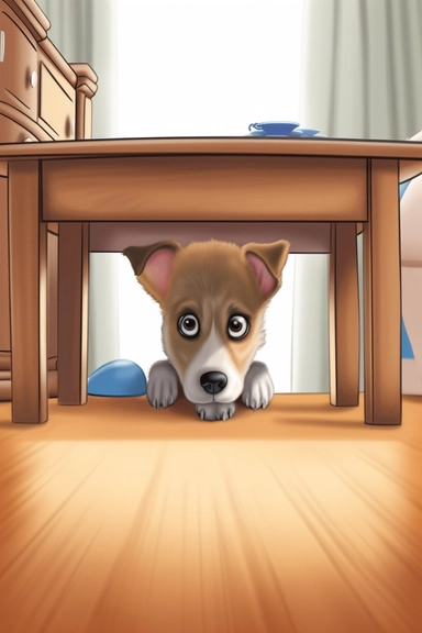 cartoon dog hiding under coffee table in living room. Watercolor clipart, strybk, full illustration, 4k ,watercolor, thin black outline, , pixar style, strybk, Octane rendering, children's book