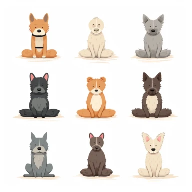 9 different mutt adorable dogs simple yoga clipart, in meditation pose, white background