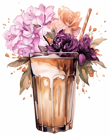 beautiful watercolor and black ink illustration of iced coffee in a glass surrounded by pink and purple flowers, watercolor and ink sketch, bright summer colors, epic composition, hand drawn, procreate style illustration, white background, detailed clipart, vector, 2d, 8k