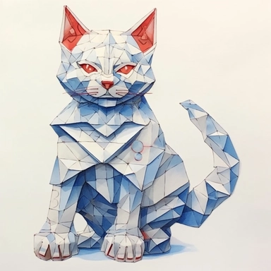 Maneki-neko, Domestic Shorthair, joyful, origami paper In the style of Brian Froud & Alan Lee, clipart, complex design, dreamy color, white contour, white background only
