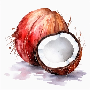 one coconut watercolor clipart on a white background, in the style of hyperrealistic murals, silver and red, uhd image, light black and crimson, gray and crimson, no watermark, text, words, paintbrush, 300 DPI , typography, the images do not stick together, no text in the picture, there are no words in the tree