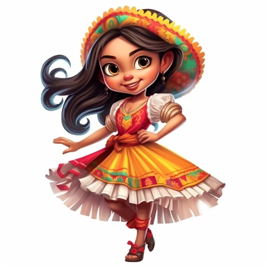 Beautiful mexican style girl, happy dancing, with beautiful eyes and beautiful smile, disney style, full body,on white background, big eyes, clipart, cartoon, inkley studio, smiling, outlines, charming anime characters Thomas Kinkade Nadja Baxter Anne Stokes Nancy Noel