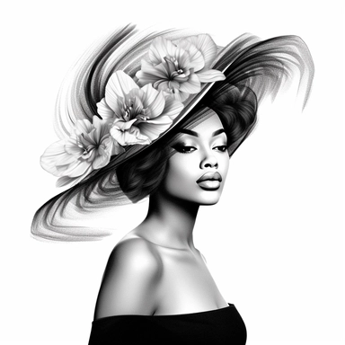 Gorgeous African American Woman, Wearing A Big Hat With A Beautful Flowers On Them, Black And White Clipart, HD, White Background