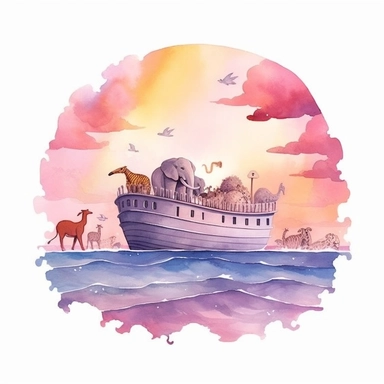 A serene watercolor illustration of Noah's Ark at sunrise. The sky blazes with a palette of pinks, oranges, and purples, reflecting on the calm ocean waves. The Ark, filled with pairs of creatures looking out in awe, sits prominently in the foreground, White background, vector, minimalist, contour, clipart