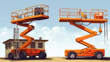 a scissor lift and a boom lift in clipart style, realistic