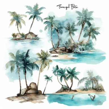 Tropical island beach clipart set isolated on white, watercolor, turquoise, - - no photograph
