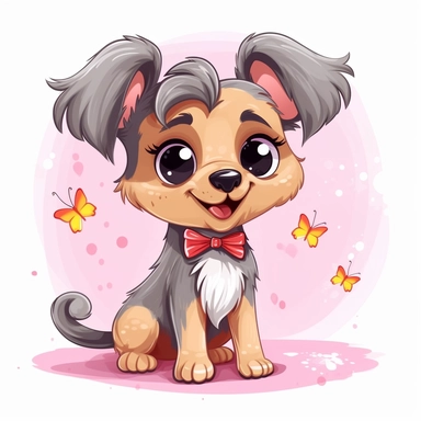 happy playfull fairy doggy, full body, playing, long eyelashes, cartoon character, vector illustration, clipart, 2D, flat style