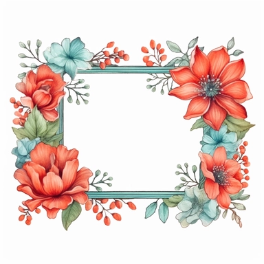 Upscaling image #1 with watercolor clipart of a empty suttle dainty floral rectangle frame surrounded by turquoise color flowers and coral color flowers. Capture the essence of blooming beauty and intricate details in your artwork, white background