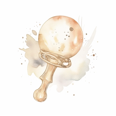 cute watercolor newborn soft beige baby rattle, watercolor effect, isolated white background, babyshower clipart, soft beige and white tones