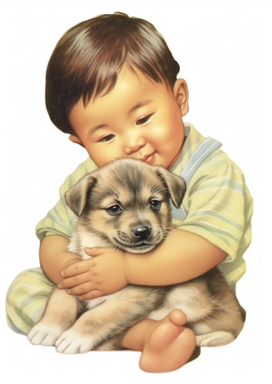 a cute retro vintage Asian infant baby boy with a puppy. Color pencil sketch, soft baby colors, on a white background for clipart.