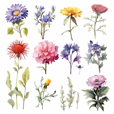 Watercolor style, Boho Birth Month Flowers, variations, hyper realistic detailed clipart, on a white background
