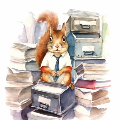 a charming watercolor clipart image with a white background, portraying a dedicated squirrel in office attire, organizing files in a filing cabinet, showcasing the meticulousness and attention to detail of animals as office workers