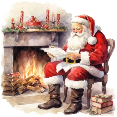 Clipart on White Backgraund Traditional Red Santa Claus Checking His List Panel by the fireplace Water color
