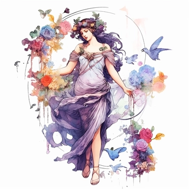 Fantasy Style Ancient Rome style Beautiful Flora Goddess picking flowers with watercolor effect,Many flowers,butterflies,suitable for digital clipart,white background,Mythologic Scene,Ancient rome fashion