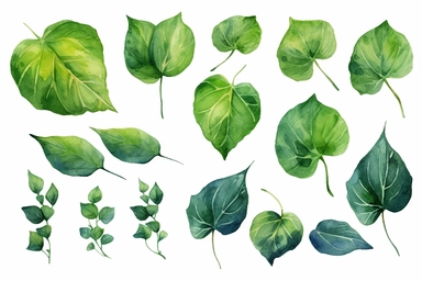 Watercolor, Create a visual representation of cordate leaves in different sizes, clipart, hd, on a white background, spaced out