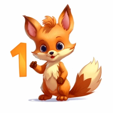 Clean clipart of a baby fox holding a number 1 white background