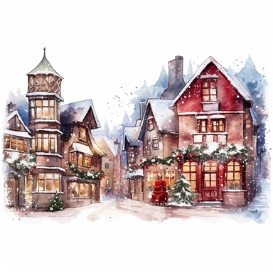 Christmas village Watercolor clipart, magical, enchanting, wreaths, snow-covered streets, colorful buildings, red ornaments, ultra-detailed, sparkling, charming, glittery, shiny, twinkling lights, festive, ornate, traditional, whimsical, Michael Powell Style, Unreal Engine 5,8K, isolated on white background