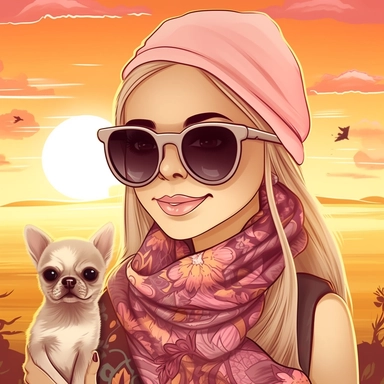 Super cute, mom with chihuahua scarf and sunglasses Sublimation Clipart, Cartoon funny, Cute anime, Very detailed, sunset background