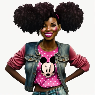 2d, beuatiful vibrant full body happy african american adult mickey mouse woman clipart, dark brown face, pink ears, cartoon realistic