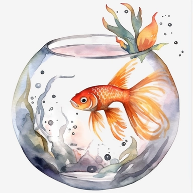 Watercolor fish bowl clipart, white isolated background, space out, hd
