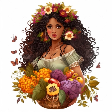 a gorgeous Indian woman, curly hair with ruffles, big basket with flowers in her hand, wool style, luxury, chain of flowers in the background, butterflies, dandelions, vibrant colors, dressed in several dresses, white background, clipart