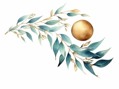 watercolor clipart high detailed teal and gold olive branch on white background, half moon shape, no splashes
