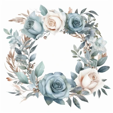 create a digital watercolor round rose laurel wreath clipart for wedding invitations, transparent background, light dusty blue, white, pastel colors, against a solid white background, realistic, elegent
