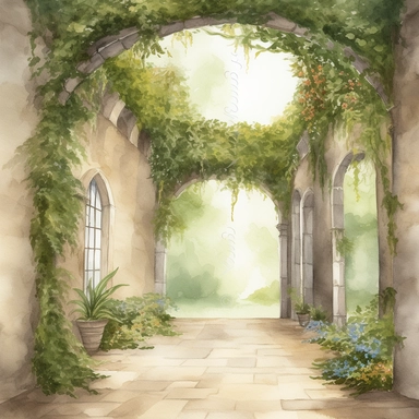 watercolor overgrown castle hallway clipart, no background, greenery