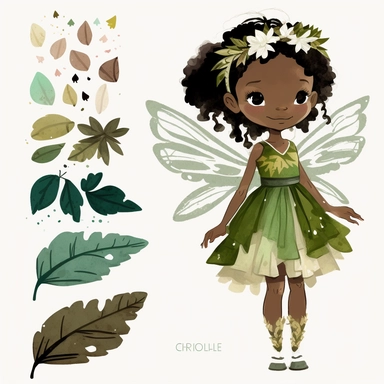 cute mixed race skin fairy girl wings watercolor clipart green dress - - ar 3 : 2 - - 4b