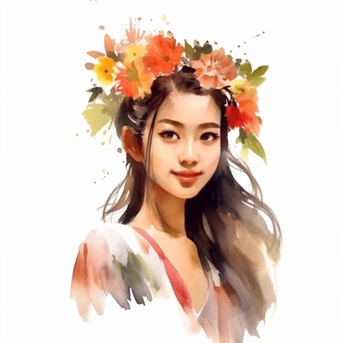 watercolor style, asian-origin girl with flowers on her head clipart, isolated on white background, hd ar 32:40