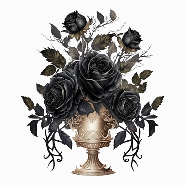 a vase of gothic black roses. White background. Artwork medium is watercolor clipart