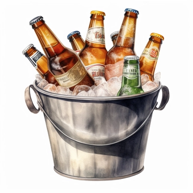 bucket with beer bottles, hyper-realistic watercolor illustration, 3d, 8k high definition, highly detailed, masterpiece, clip art, white background