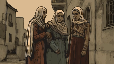 full body portrait , a scene of women group,a woman console another young woman with touching her shoulder with sad face,they act like soldiers and fighters,wearing palestinian kufiya, standing in a poor old street , they are standing with side view they are Palestinians from Hebron+refined drawing details+ horizontal images aspects + dark color tones+ vintage drawing style ,clipart drawing, clipart image, high definition drawing, clean colors, balanced colors, detailed drawing, image ratio 16:9
