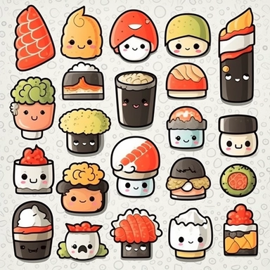realistic asain kawaii food, digital stamps vector Kawaii Sushi clipart set, Cute sushi clip art, Salmon nigiri, Onigiri, Maki, Ramen, Noodles, Sushi rolls, Japanese food cliparts, Printable Planner stickers, Vector graphics, line art, black and white
