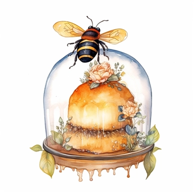 whimsical watercolour clip art honey cupcake under a glass dome with bee decorations