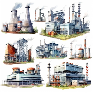 watercolor, power stations and plants for energy generation. Different types of factory buildings of heavy industry, generate electricity. png Full body realistic cartoon in 32K UHD cute. 15 cm thick outline. Black color. There was no shadow on the ground. 8k with realistic watercolors and detailed illustrations. PNG clipart, transparent white background