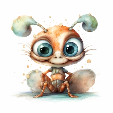 ant with cute big eyes, happy smiling face, cute animal, adorable, playful atitude, adorable watercolor animal clipart with a few seaweedss and shell decor, no background, highly detailed, high quality very sharp with clear focus
