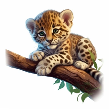 cute leopard cub, resting on a tree limb, bold colors, clipart, on a white background