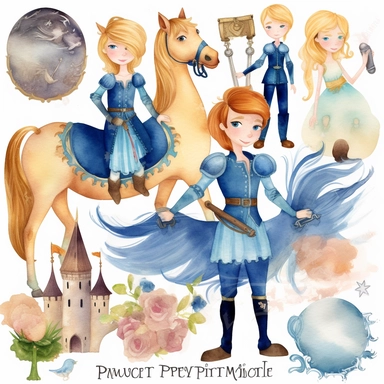 A watercolor collection by Penelope Whimsy, showcasing a playful and heartwarming clipart set of blue fairy tale prince characters in 5 diverse hair and skin colors, complemented by delightful details such as a shield, horse, dragon, prince crown, castle, knights, and armor, great for designing invitations, planner stickers, party printables, and embroidery projects.