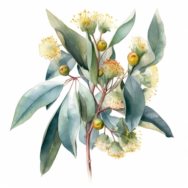 watercolor clipart eucalyptus branche,with green blue foliages,very big pale yellow gum blossoms,high resolution,high detailed,no text